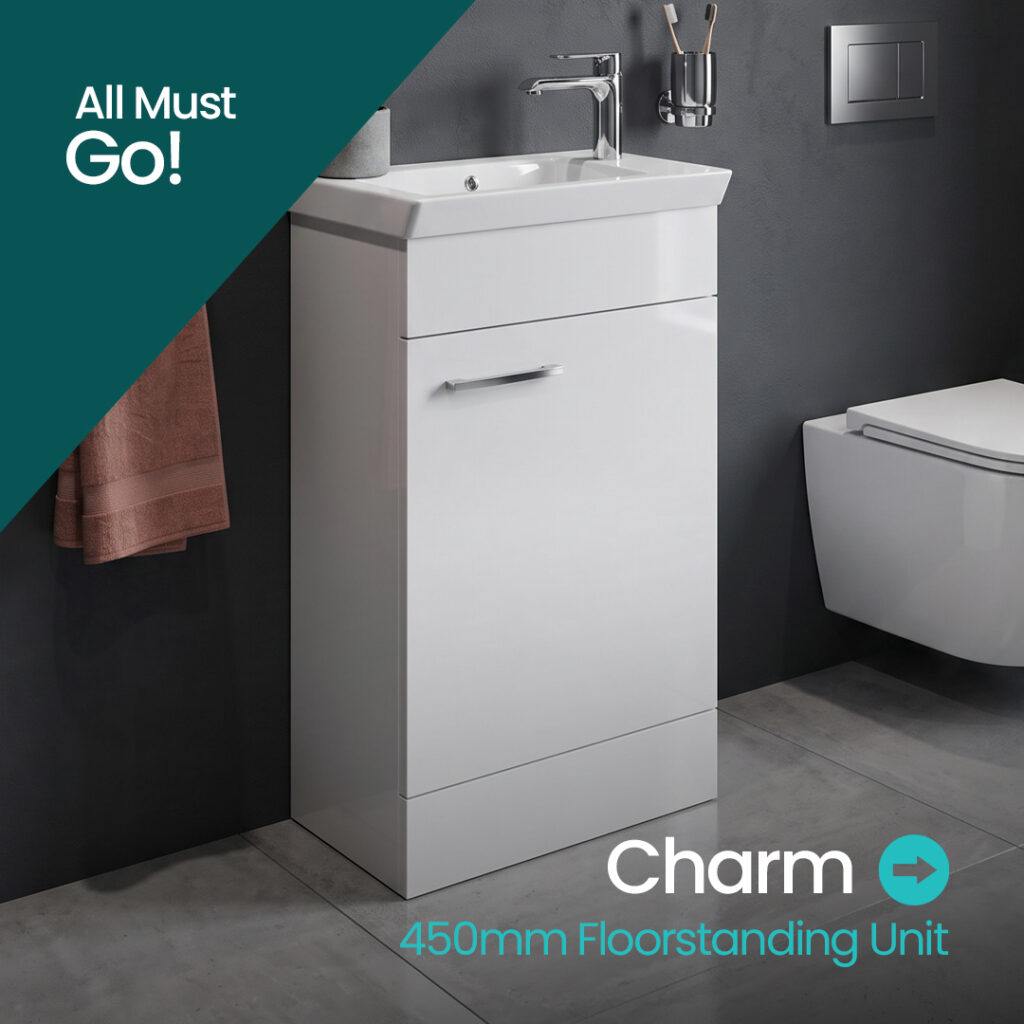 Sonas Bathrooms Charm 450mm white Floorstanding vanity unit with integrated basin and storage | Bathshed | Next Day Dispatch