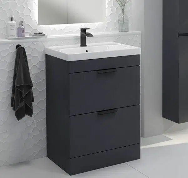 Stockholm 2 Drawer Midnight Grey Vanity Unit With Black Handles