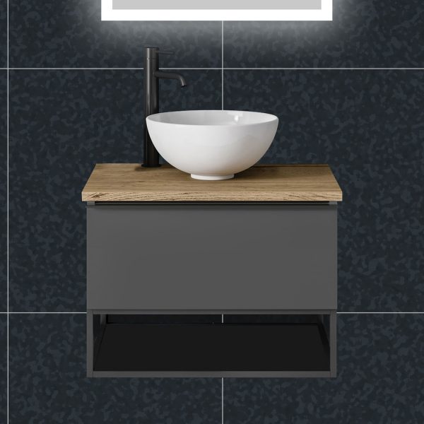era grey wall hung vanity unit with oak countertop