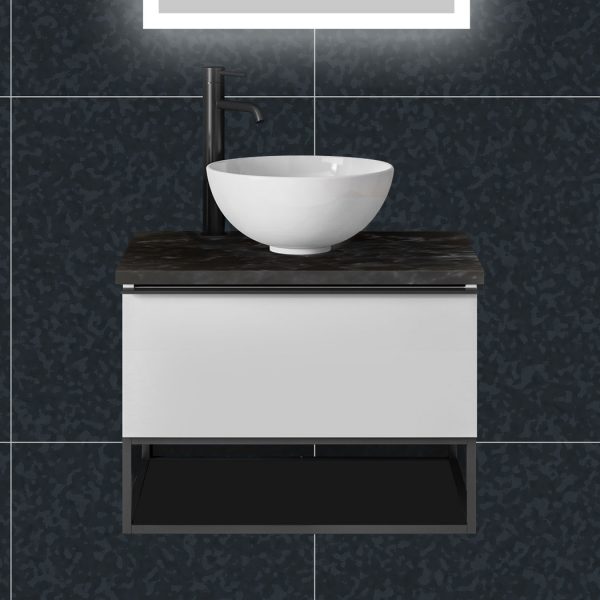 era white wall hung vanity unit with slate countertop