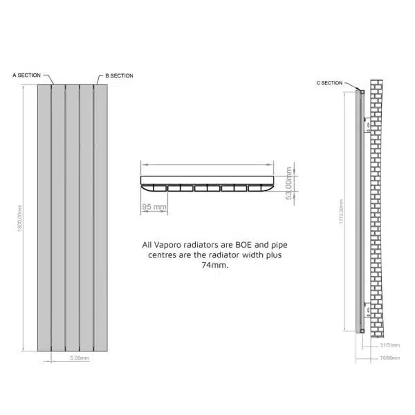 Saturn White 1800 x 470mm Vertical Designer Radiator - Image 4