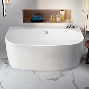 Grace D shape back to wall white freestanding bath