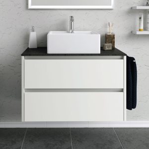 metro white wall hung vanity unit with slate worktop