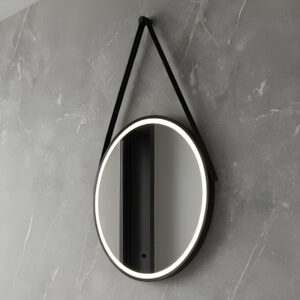 emma round black led mirror with leather strap | Nationwide Delivery Ireland And the UK | Bathshed