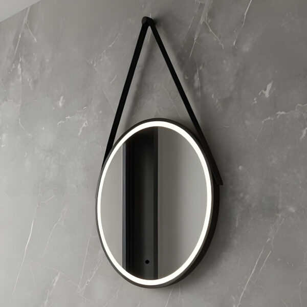 emma round black led mirror with leather strap | Nationwide Delivery Ireland And the UK | Bathshed