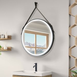 emma round black led mirror with leather strap