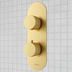sonas Alita Knurled Dual Control Triple Outlet Concealed Thermostatic Shower Valve Brushed Gold