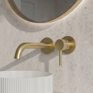 Oir wall mounted brushed brass basin mixer | Wall mounted taps | Bathshed | Delivery Ireland & The UK