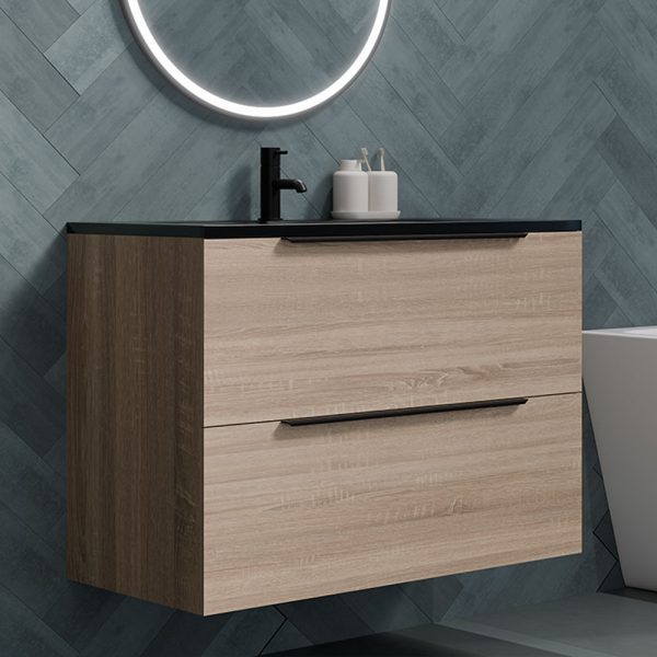 Adare Oak 800mm wall hung vanity unit with black basin | delivery Ireland and the UK | Bathshed