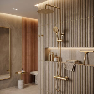 Aura Brushed Brass Exposed Shower Kit | Delivery Uk & Ireland | Thermostatic Showers | Bar Showers | Bathshed