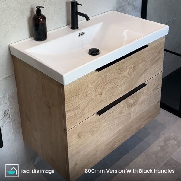 adare oak wall hung vanity unit with matt balck handle | Atti Bathrooms | delivery Ireland and the UK.