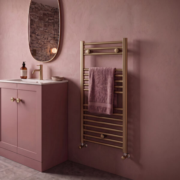 Ara Brushed Brass Heated towel rail | Bathroom Heating | Bathshed | Nationwide delivery Ireland & the UK