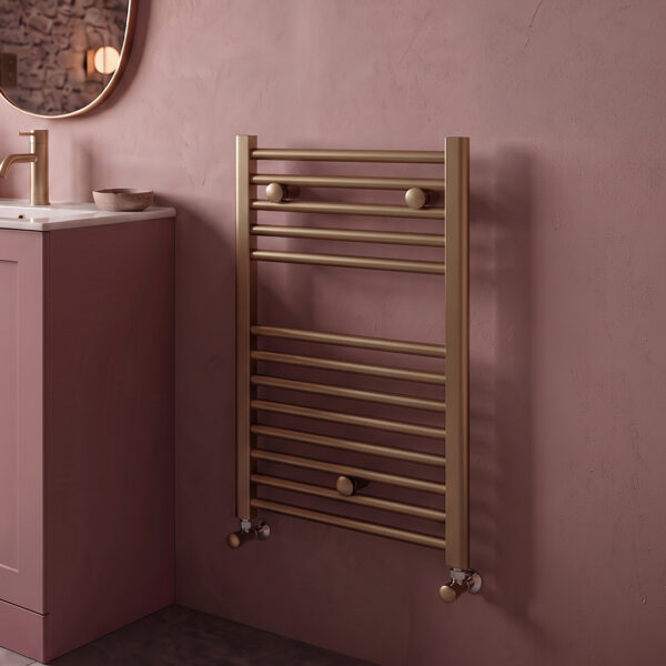 Ara Brushed Brass Heated towel rail | Bathroom Heating | Bathshed | Nationwide delivery Ireland & the UK