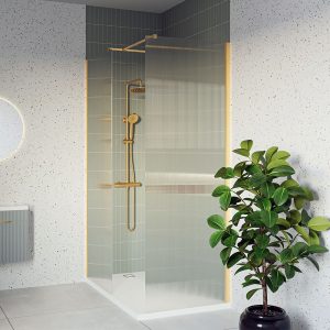 Brushed brass fluted wetroom panel. SHower screens | Delivery Ireland and the UK | Bathshed
