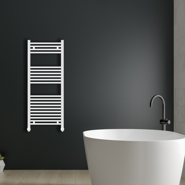 White heated towel rail | Bathshed | Bathrooms Ireland and The UK | Discount Bathrooms | Ladder Towel rails