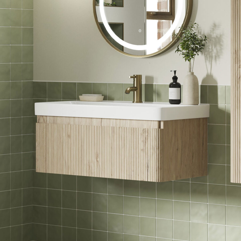 Ridge Wall Hung 1 Drawer Basin Unit & Basin - Textured Oak | Next day delivery UK | Bathshed