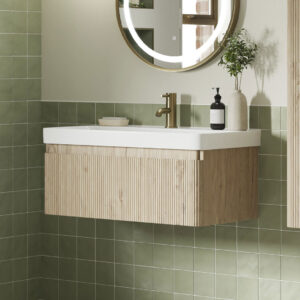 Ridge Wall Hung 1 Drawer Basin Unit & Basin - Textured Oak | Next day delivery UK | Bathshed