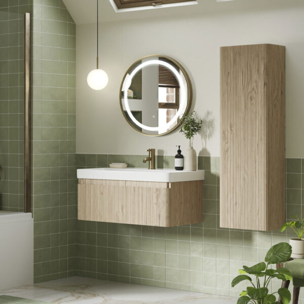 Ridge Wall Hung 1 Drawer Basin Unit & Basin - Textured Oak | Next day delivery UK | Bathshed