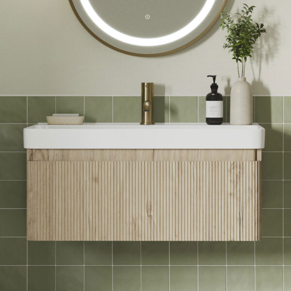 Ridge Wall Hung 1 Drawer Basin Unit & Basin - Textured Oak | Next day delivery UK | Bathshed