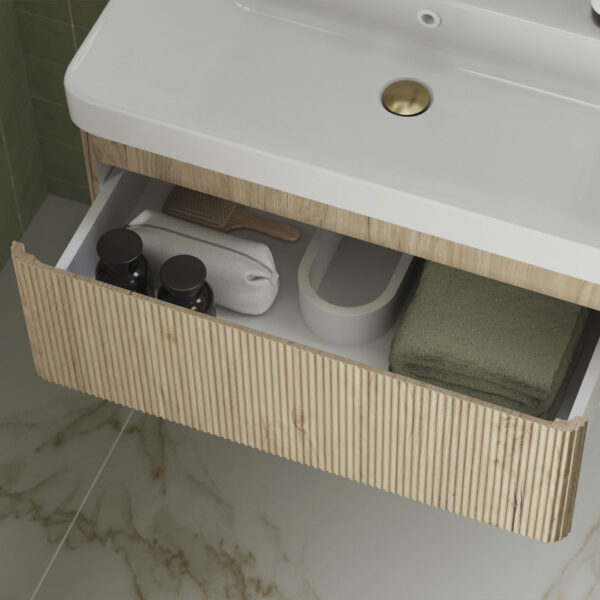 Ridge Wall Hung 1 Drawer Basin Unit & Basin - Textured Oak | Next day delivery UK | Bathshed