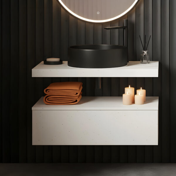 Crete Wall Hung Shelf & Storage Drawer White Stone