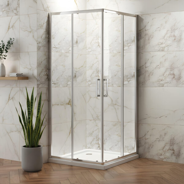 Livari Corner entry shower doors | Chrome frame | Bathshed | Next day delivery Ireland and the UK