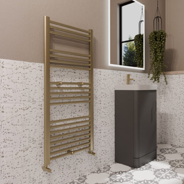 Ara Brushed Brass Heated towel rail | Bathroom Heating | Bathshed | Nationwide delivery Ireland & the UK