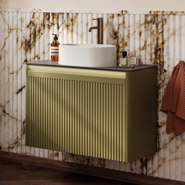 Zen Olive Wall Hung Vanity Unit 600mm in a modern fluted olive finish. Wall-mounted design with practical storage. Clearance item – only 1 available.