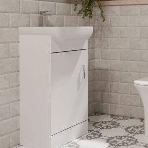 Leon 450mm white Floorstanding vanity unit with integrated basin and storage | Bathshed | Next Day Dispatch