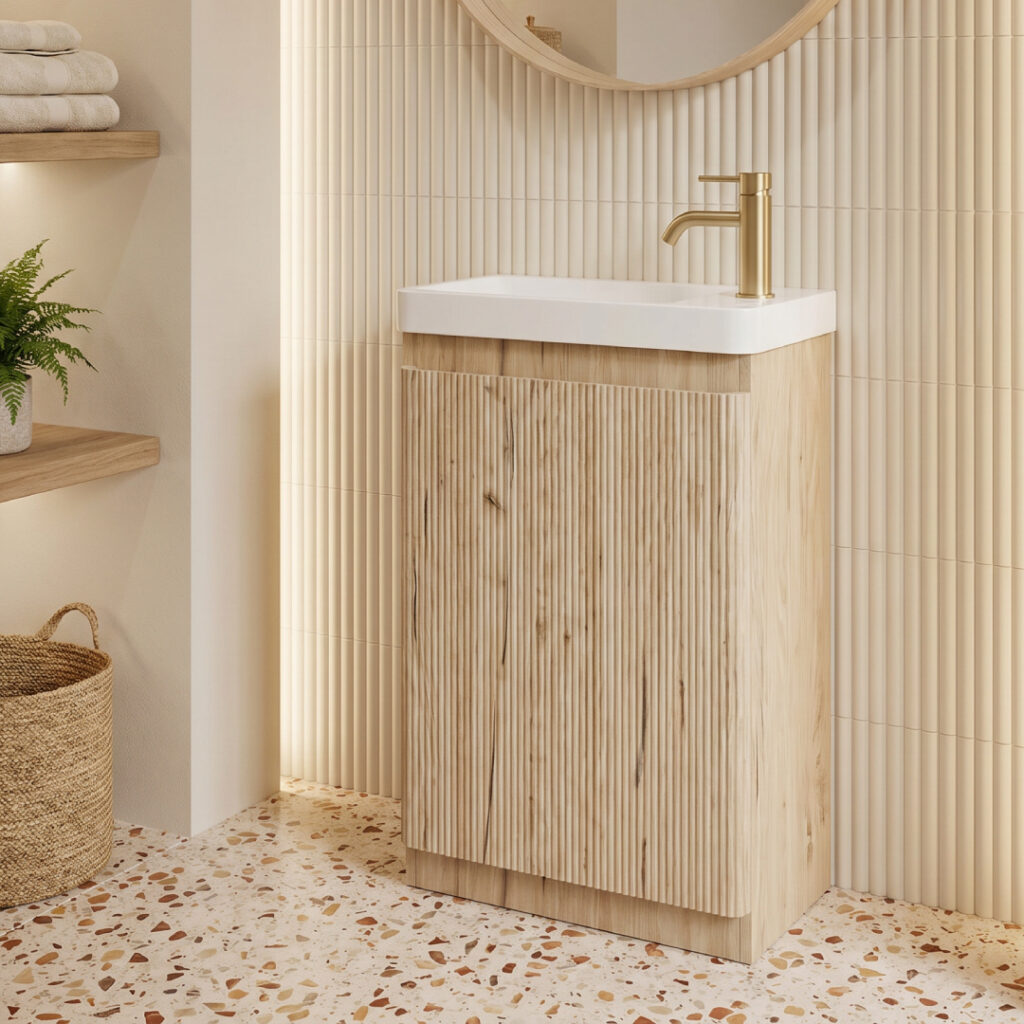 Ridge 550mm Textured Oak Floor Standing Basin Unit with Ceramic Basin | Bathshed | Nationwide Delivery Throughout Ireland & The UK