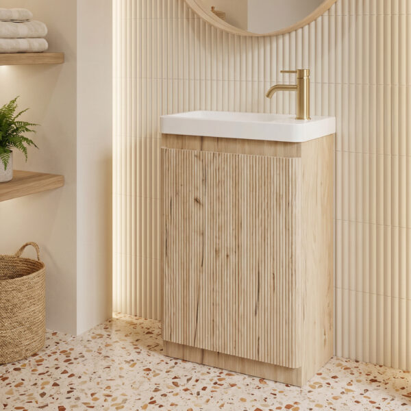 Ridge 550mm Textured Oak Floor Standing Basin Unit with Ceramic Basin | Bathshed | Nationwide Delivery Throughout Ireland & The UK