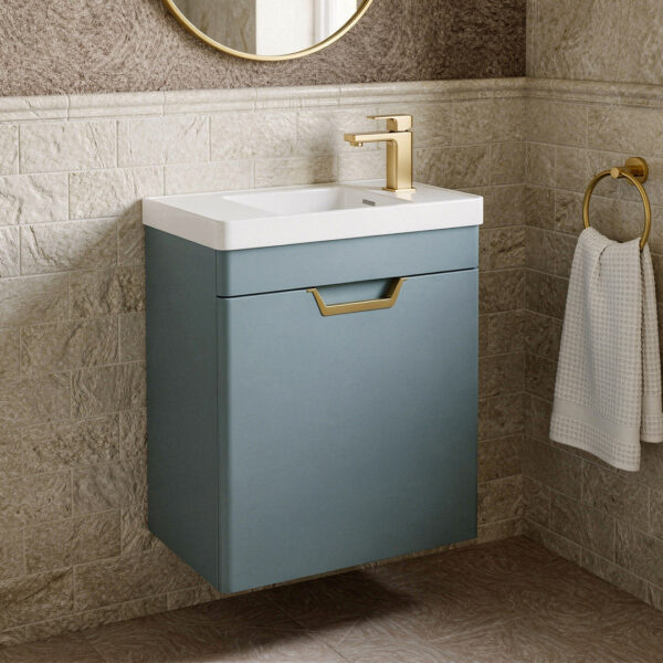 FREYA Wall Hung 55cm Single Door Cloakroom Vanity Unit Matt Coral Green-Gold Handle
