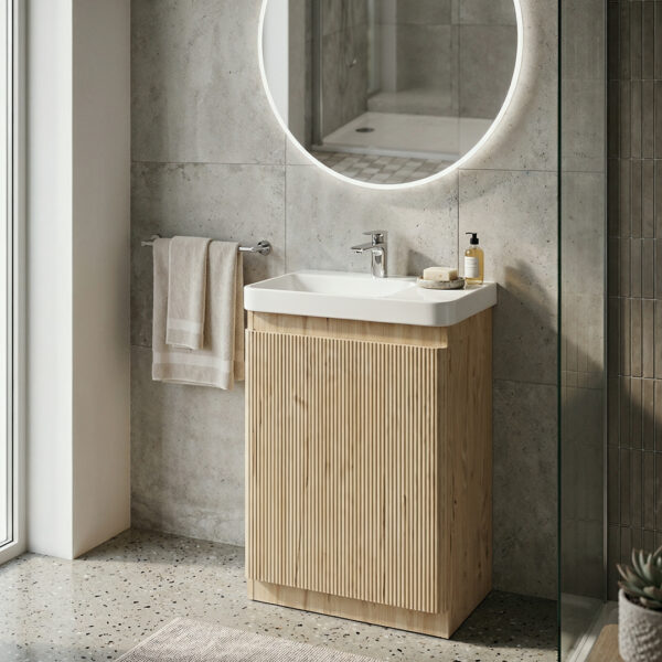Ridge 550mm Textured Oak Floor Standing Basin Unit with Ceramic Basin | Bathshed | Nationwide Delivery Throughout Ireland & The UK