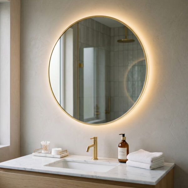 Echo round brushed gold LED Mirror | Sonas Bathrooms | Bathshed | Nationwide delivery Ireland & the UK
