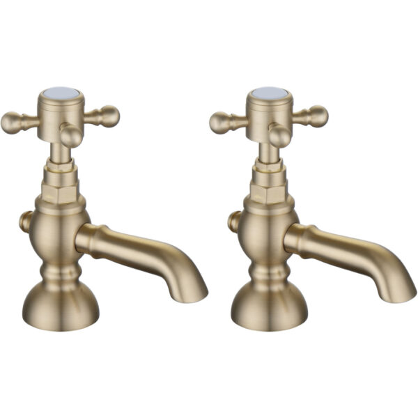 Edinburgh Basin Pillar Taps | Brushed Brass | Traditional | Bathshed | Nationwide Delivery UK & Ireland