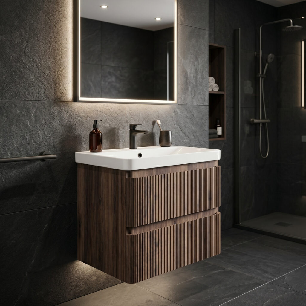 Ridge Walnut Wall Hung Vanity Unit with Ceramic Basin | Bathshed | Next Day Delivery UK & Nationwide Delivery Ireland