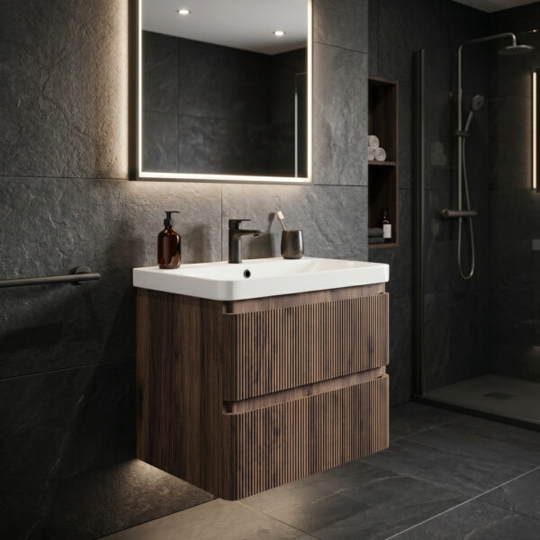 Ridge Walnut Wall Hung Vanity Unit with Ceramic Basin | Bathshed | Next Day Delivery UK & Nationwide Delivery Ireland