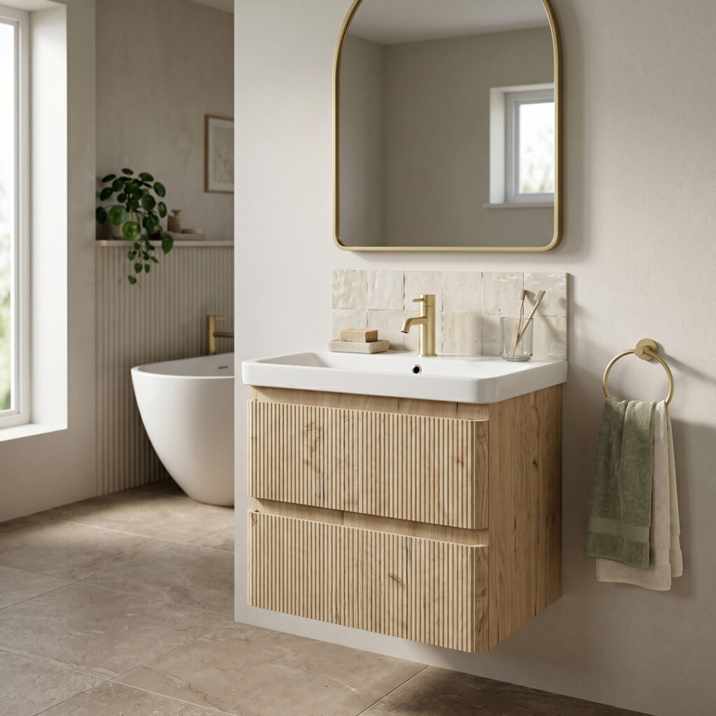 Ridge Textured Oak Wall Hung Vanity Unit with Ceramic Basin | Bathshed | Next Day Delivery UK & Nationwide Delivery Ireland