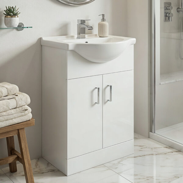Leon 550mm white Floorstanding vanity unit with integrated basin and storage | Bathshed | Next Day Dispatch