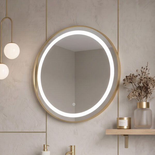 Aura Brushed Brass Round LED Mirror | LED Mirrors | Mirrors | Delivery Ireland and the UK | Bathshed