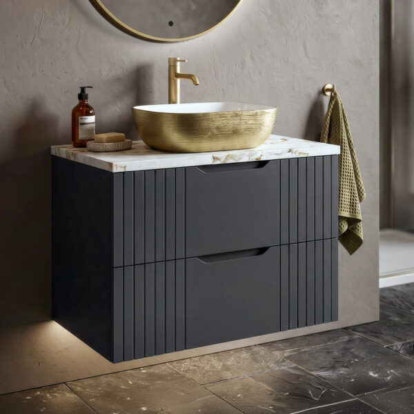 Varys Grey Wall Hung Vanity Unit With Marble Countertop | Bathshed | Nationwide delivery uk and ireland