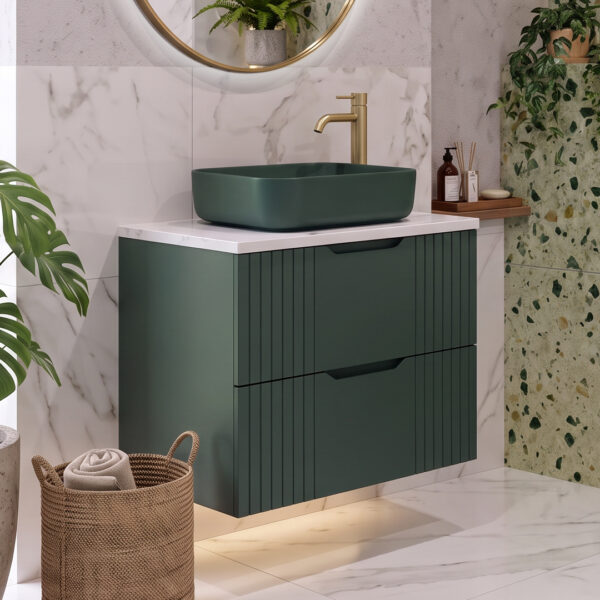 Varys Green Wall Hung Vanity Unit With Marble Countertop | Bathshed | Nationwide delivery uk and ireland