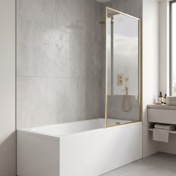 Sonas Bathrooms Mirage 800mm Brushed Gold Clear Glass Fixed Bath Screen | Bath Screens | Delivery Ireland, Northern Ireland & the UK | Bathshed