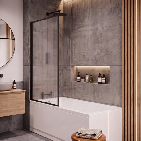 Sonas Bathrooms Mirage 800mm Matt Black Fluted Glass Fixed Bath Screen | Bath Screens | Delivery Ireland, Northern Ireland & the UK | Bathshed